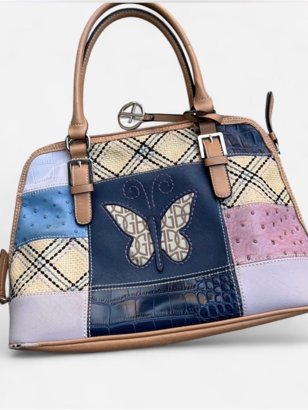 Giani Bernini Patchwork Butterfly Satchel in Navy, Pink, Tan, Cream